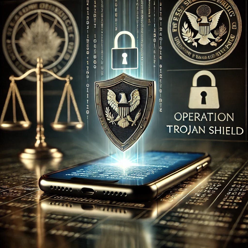 A high-detailed image of a sleek encrypted phone glowing with text messages being intercepted. The background includes subtle law enforcement icons, such as badges and scales of justice, symbolizing Operation Trojan Shield. The scene is futuristic and dramatic.