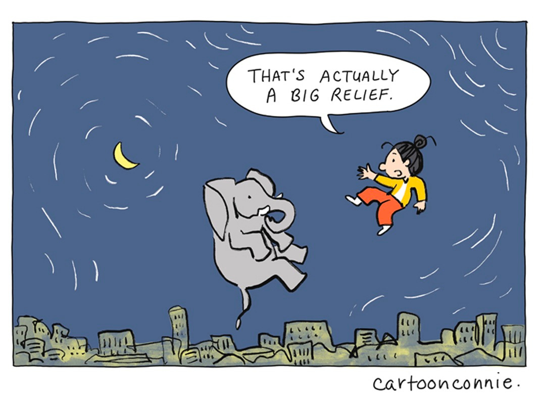 Panel 7 Panel 1 of 7 of a 2-page comic strip about managing worries, illustrating a cartoon girl with a bun talking to an elephant and preparing food. To get through the day, she has to separate her stresses and worries into different buckets. Titled "Different Buckets," original artwork by Connie Sun, cartoonconnie, 2026.