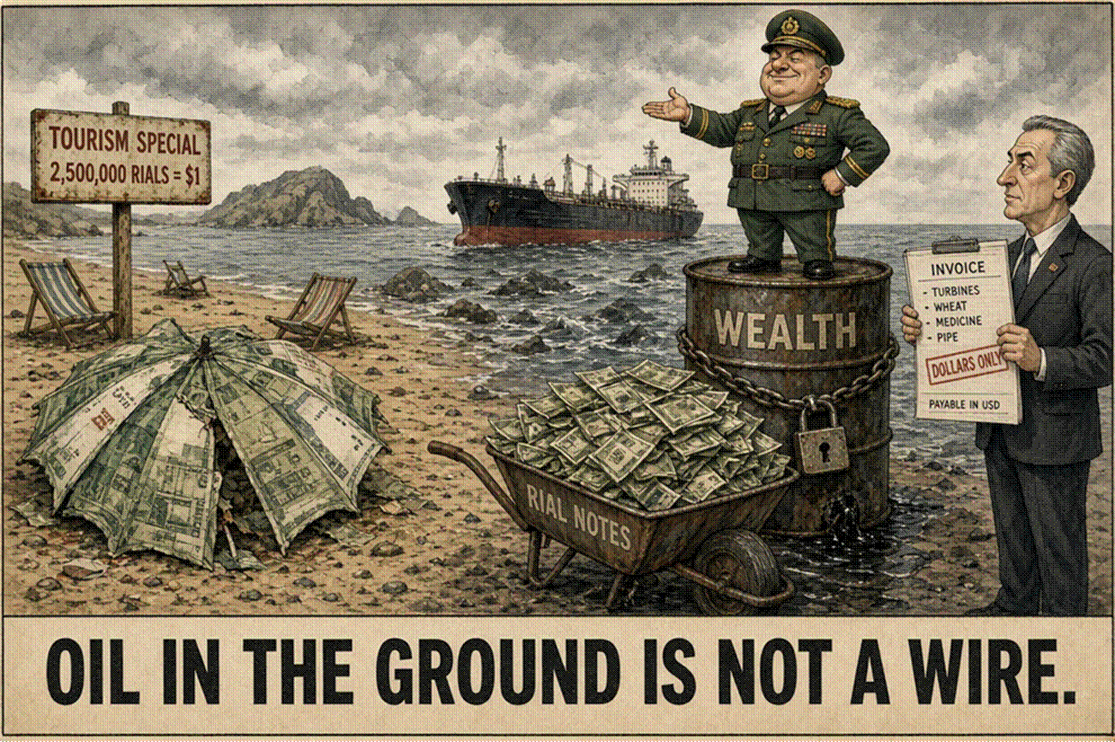 Title: Oil in the ground is not a wire - Description: Editorial cartoon: collapsed rial beach umbrella beside a locked oil barrel and a dollars-only invoice Title: Oil in the ground is not a wire - Description: Editorial cartoon: collapsed rial beach umbrella beside a locked oil barrel and a dollars-only invoice