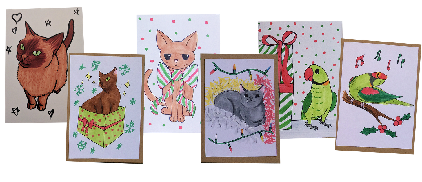 A row of Christmas cards featuring drawings of a brown cat, a grey cat under christmas lights, and a green parrot amongst presents.