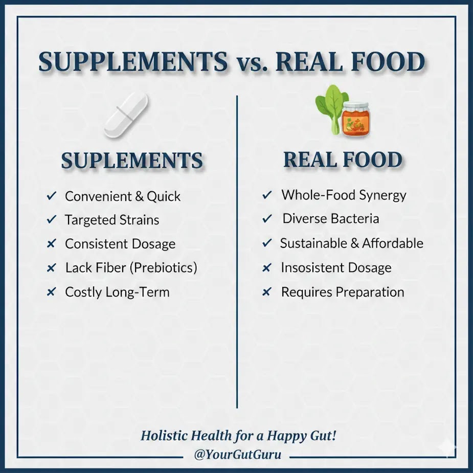 Supplements vs Real Food Supplements offer concentrated nutrients, helpful for specific needs like pregnancy or athleticism, but shouldn't replace whole foods. Real foods provide essential nutrients along with fiber and antioxidants, promoting overall health. Ideally, a mix of both supplements and a balanced diet is best for optimal health.