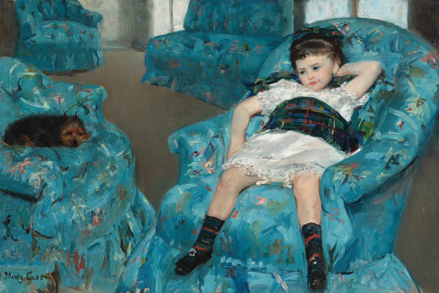 Impressionist painting of a young girl lounging in a blue floral armchair, with a small dog curled up on another chair nearby.