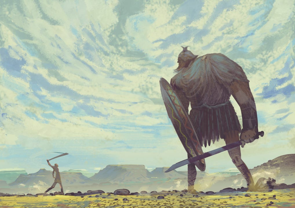 An illustration of David facing the giant Goliath, symbolising how early-stage startups can empower talent with ownership and agency to compete against much larger companies.