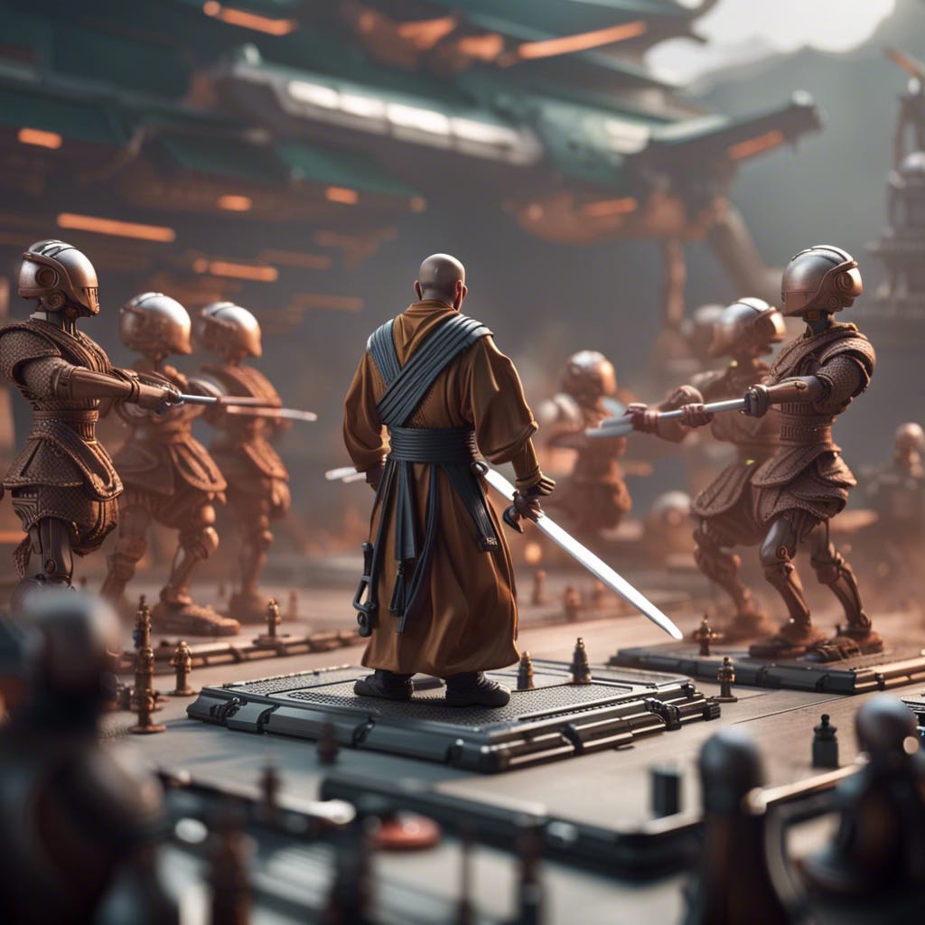 Image generated with YouImagine and depicting a monk with two katana swords getting ready to fight two robots with a knife in each hand, spectators watching the fight with horror, flying vehicles in the background