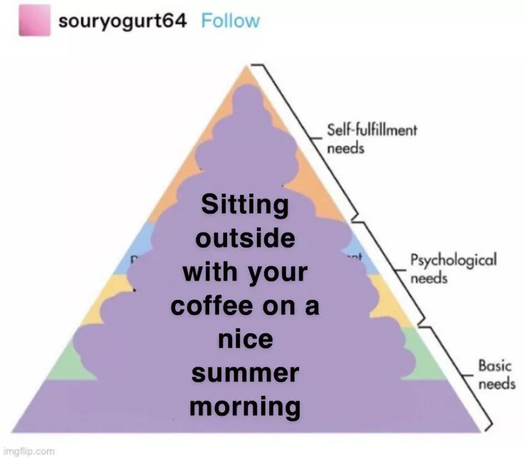 This may contain: a pyramid with the words sitting outside with your coffee on a nice summer morning written below