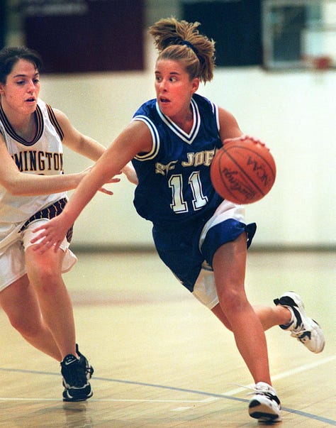 First photo: Andrea playing college basketball, Second Photo: Meg and Andrea sporting Caitlin Clark t-shirts, Third Photo: Meg and Andrea both holding basketballs 