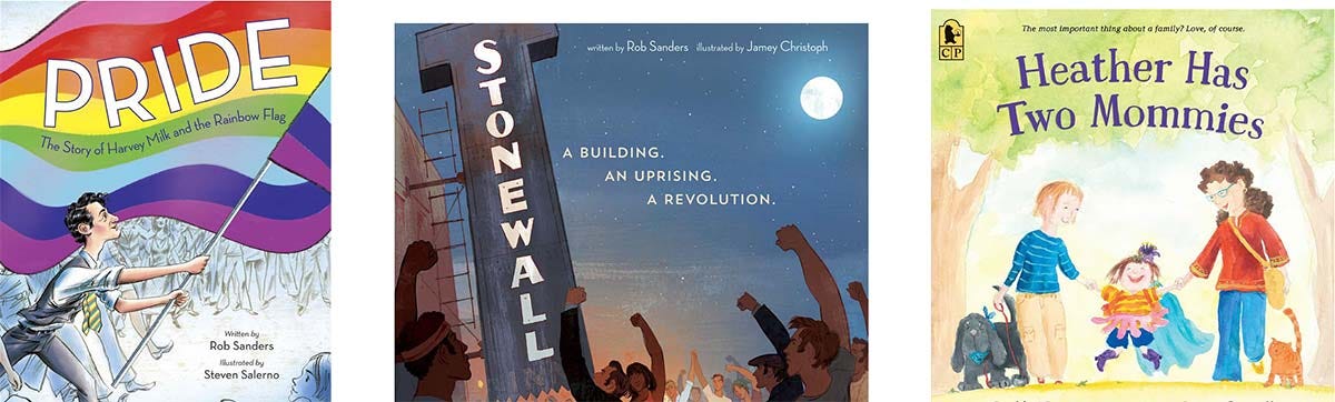 Pride, Stonewall, and Heather Has Two Mommies book covers