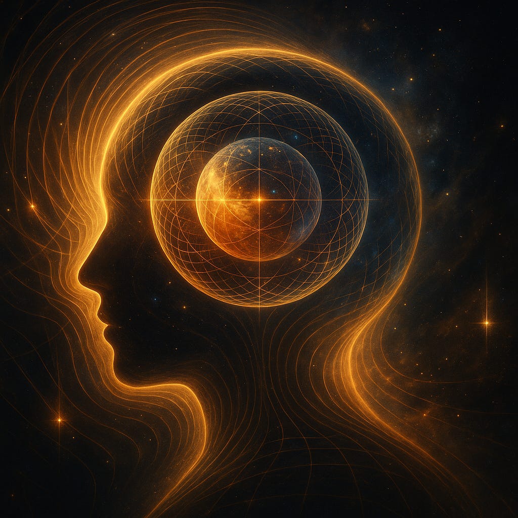 A glowing, golden silhouette of a human head is depicted against a cosmic background. Inside the head, a spherical structure embedded with sacred geometry patterns radiates light, symbolising the mind as an interface between consciousness, structure, and the cosmos. A glowing, golden silhouette of a human head is depicted against a cosmic background. Inside the head, a spherical structure embedded with sacred geometry patterns radiates light, symbolising the mind as an interface between consciousness, structure, and the cosmos.