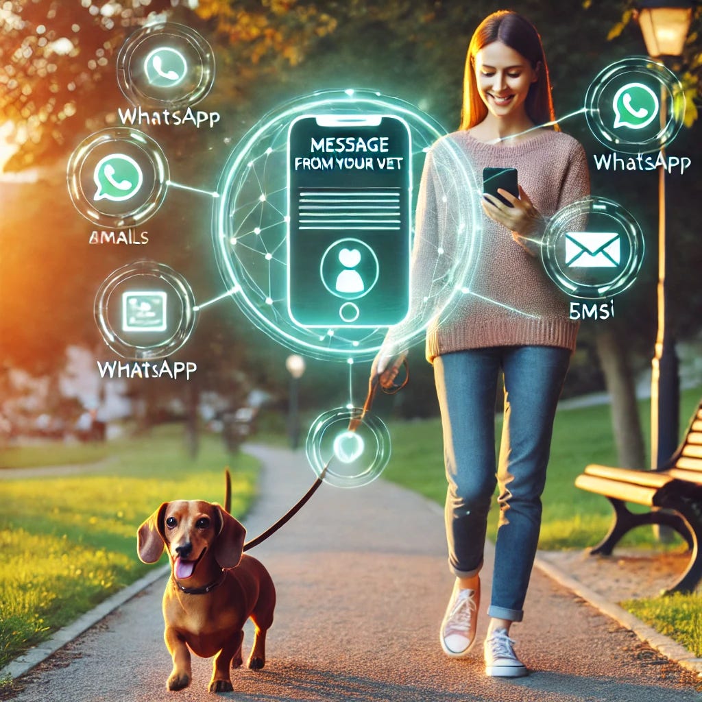 A pet owner, a woman walking her dachshund along a park pathway, is holding her smartphone which clearly displays a notification with the message 'Message from your vet.' The scene highlights glowing holographic-style icons representing WhatsApp, email, and SMS around the phone, symbolizing AI-powered multi-channel communication. The park setting is warm and inviting, and the connection between technology and pet care is emphasized through the integration of the message on the phone. The dachshund is happily trotting beside her, showcasing everyday life with seamless veterinary engagement.