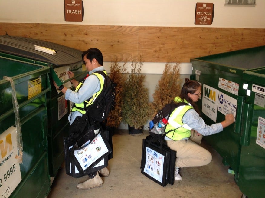 In addition to supplying posters delineating what constitutes a recyclable, label each bin as accepting either garbage or recyclables so that residents know which items go in which container. 