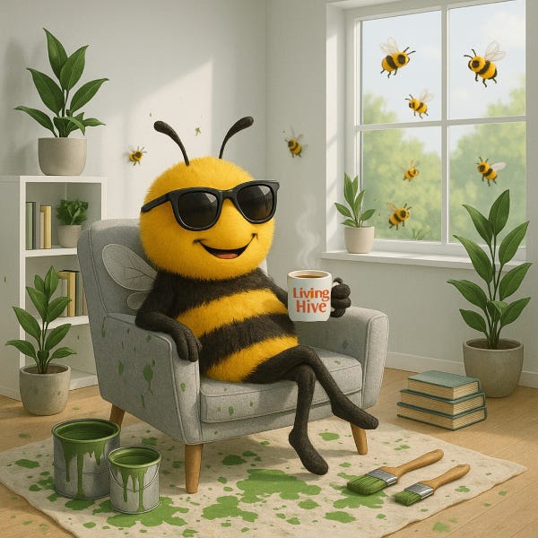 Cartoon bumble bee wearing sunglasses, relaxing with a Living Hive coffee mug in a cozy living room filled with plants, books, paint cans, and brushes. Sunlight streams in through a window with bees flying outside, creating a warm, nature-inspired, and welcoming atmosphere.