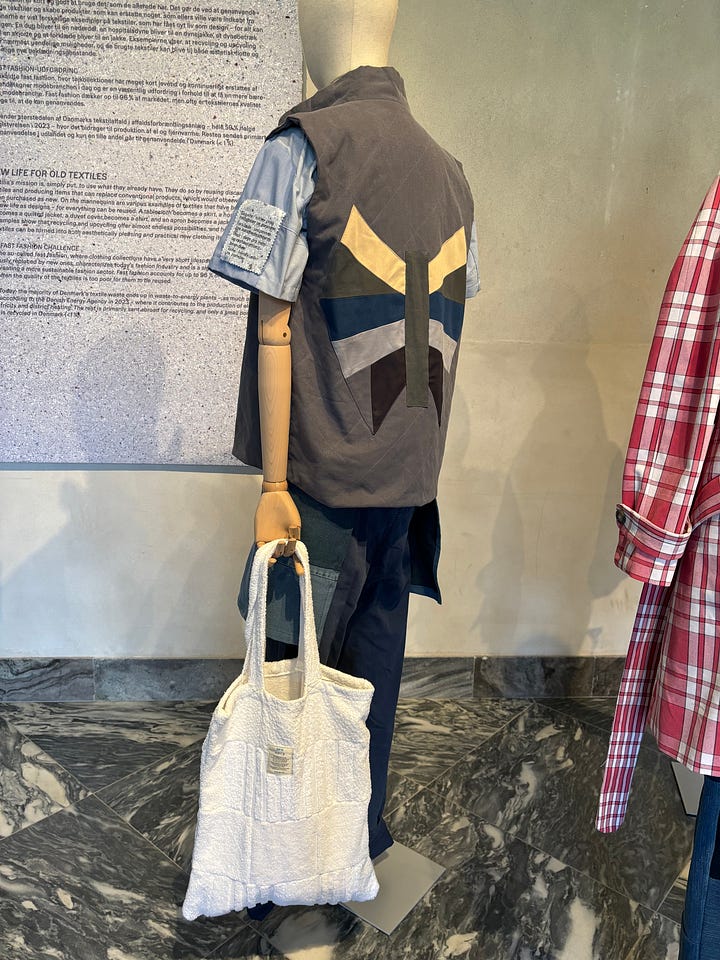 several photos of mannequins in clothes made from discarded materials