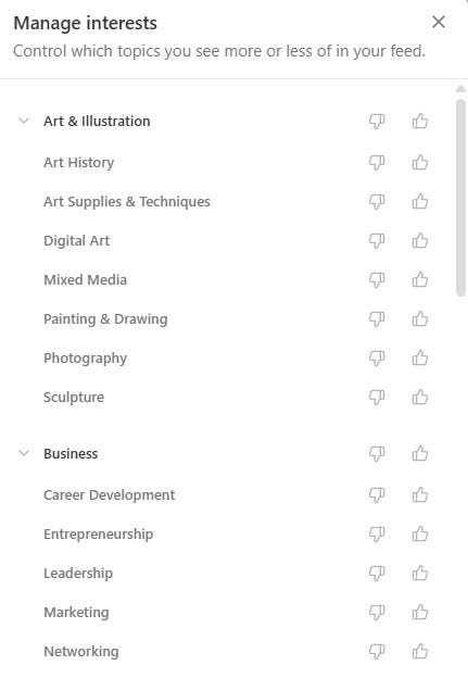 Screenshot of Substack user settings for Manage interests. Screenshot of Substack user settings for Manage interests.