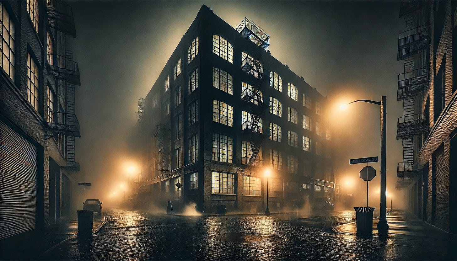 An even darker and more atmospheric nighttime view of a gritty industrial building in Santa Maria’s Industrial District. The building features a barely visible, rusted fire escape clinging to its shadowed brick facade. The dim and flickering streetlights struggle to pierce the heavy darkness, leaving much of the scene in deep shadow. The wet cobblestone streets faintly reflect distorted light, while thick mist rises ominously from nearby grates. The overall ambiance is oppressively dark and mysterious, evoking a heightened sense of tension, isolation, and urban decay.