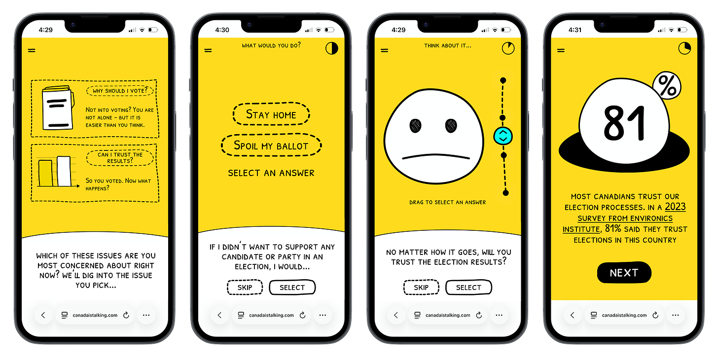 Screenshots of the first Canada is Talking campaign about pre-election issues