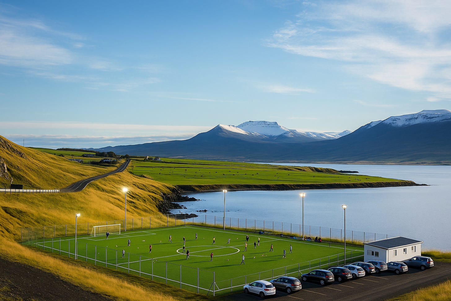 Iceland, football pitch, by sea