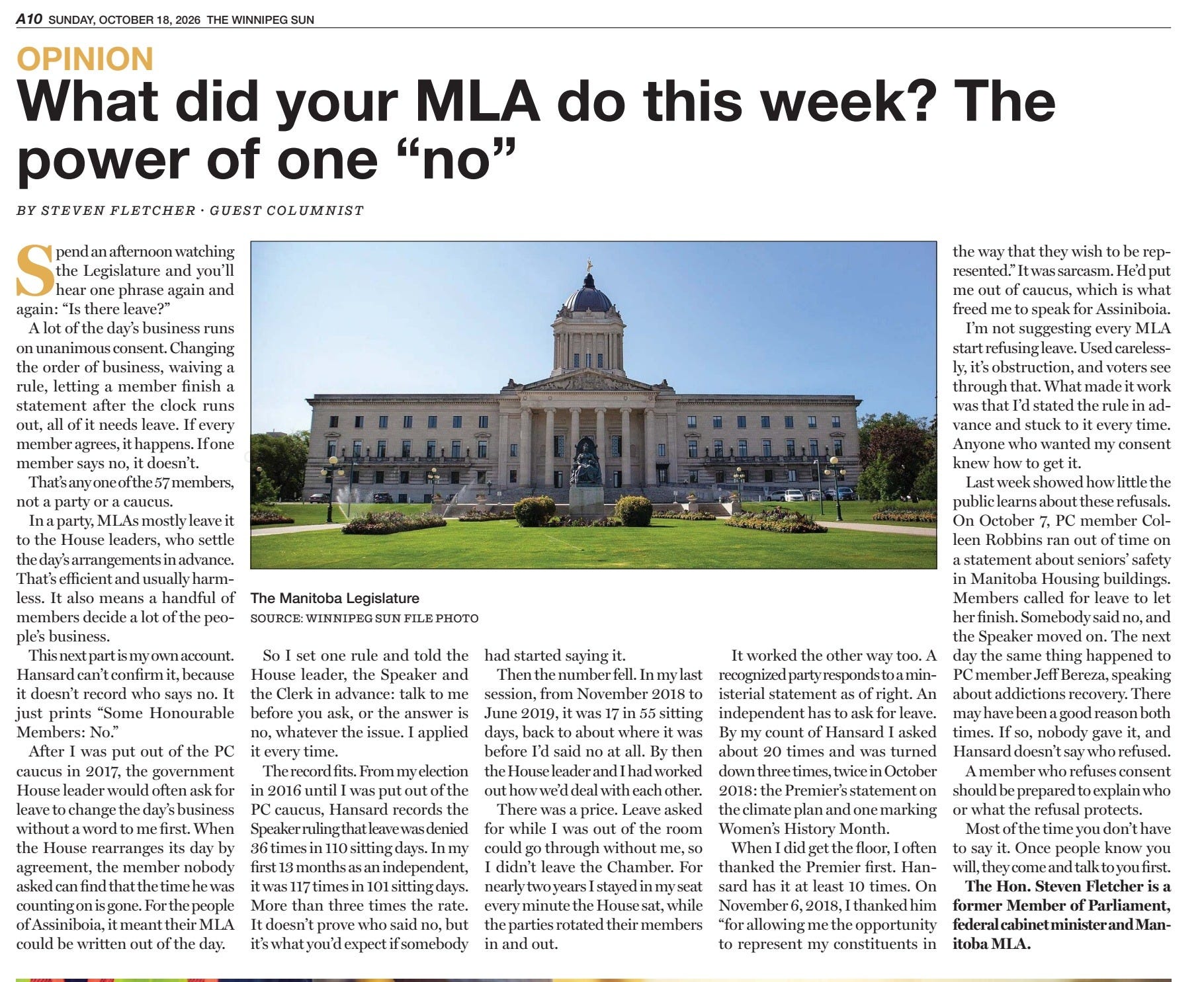 What did your MLA do this week? Column 4: The power of one "no"