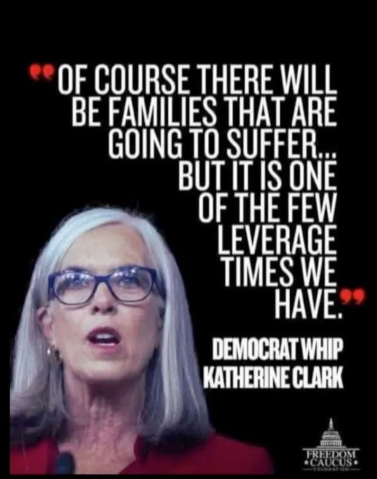 Silver-haired woman with glasses speaks at a podium wearing a red blazer and dark top mouth open in expression hands visible quote text overlays read Of course there will be families that are going to suffer but it is one of the few leverage times we have Democrat Whip Katherine Clark dark background with faint Capitol building graphic.
