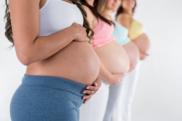 A row of pregnant womens' torsos, no heads. A row of pregnant womens' torsos, no heads.