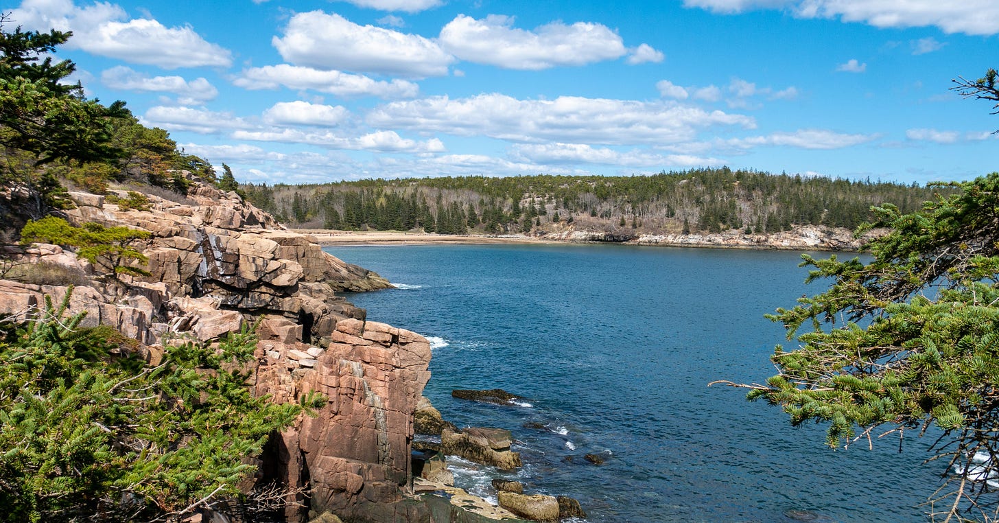 A rugged coastal scene with rocky cliffs, blue ocean water, and pine trees, framed by a bright blue sky with scattered clouds.