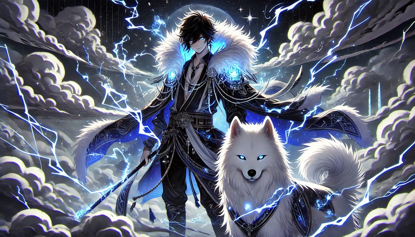 Anime-style illustration of a dark-haired man and his Samoyed dog depicted as powerful lightning gods, standing in the clouds at night. The man is wearing an elaborate costume with elements of ancient armor, adorned with electric blue and silver that glows subtly under the moonlight. His hair and cloak billow dramatically, surrounded by arcs of electricity. The Samoyed dog, similarly attired, stands beside him with eyes glowing. They both emanate an aura of power, surrounded by dark clouds and bolts of lightning, under a starry night sky.