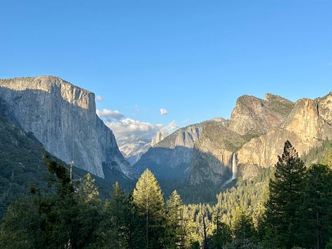 Yosemite Valley, Half Dome, El Capitan, Vernal and Nevada Falls, Bridal Veil Falls, campground with Liz and dogs