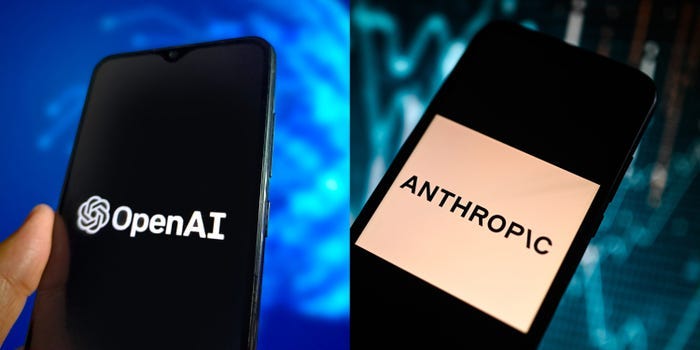 Left: OpenAI logo on a phone in black and white. Right: Anthropic logo on a phone in black and white.