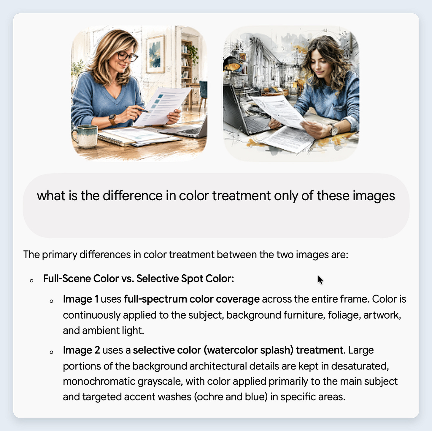 Two illustrated test images side by side, with the question “what is the difference in color treatment only of these images” and Gemini’s answer: full-scene color versus selective spot color. Two illustrated test images side by side, with the question “what is the difference in color treatment only of these images” and Gemini’s answer: full-scene color versus selective spot color.