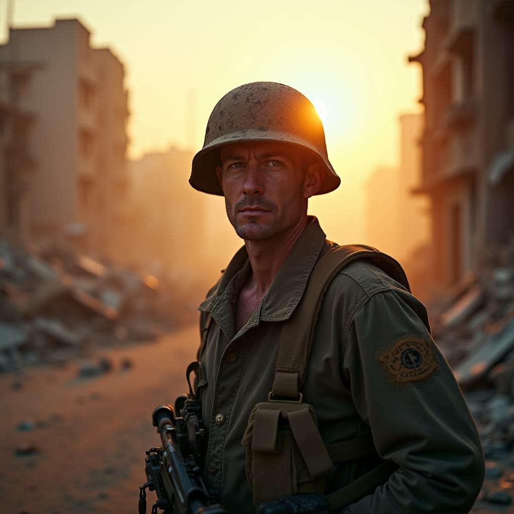A lone soldier stands victorious yet weary, amidst the ruins of a war-torn cityscape, as the last remnants of smoke and fog lift to reveal a bright, hopeful dawn breaking in the background. The worn, fatigue-etched face, clad in a battered helmet and dusty uniform, is illuminated by the warm, golden light of sunrise, casting long shadows across the rubble-strewn streets. The atmosphere is heavy with the weight of history, the air thick with the smell of smoke and ash.