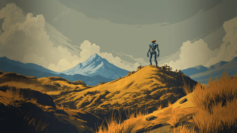 A futuristic robot stands on a hillside, overlooking a mountain range under a cloudy sky.