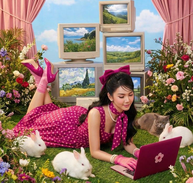 This may contain: a woman laying on the grass with rabbits in front of her and using a laptop