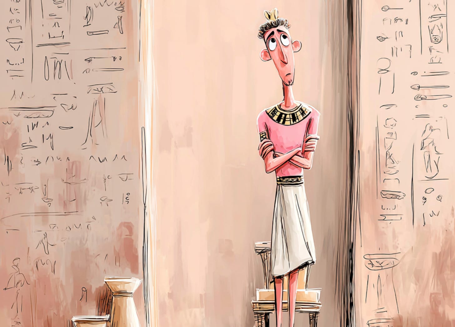 Illustration of a stylized Pharaoh standing with crossed arms inside an Egyptian palace, surrounded by hieroglyphics on the walls.