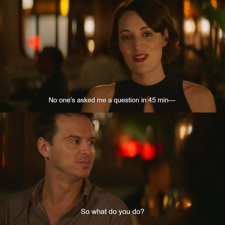 This may contain: a man and woman sitting next to each other in front of a bar with the caption'no one asked me a question in 45 minutes so what do you do?