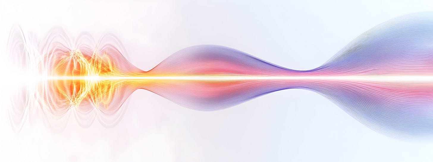 A digital artwork of flowing waveforms converging into a glowing golden center before expanding outward again. On the left, fiery orange patterns ripple with intensity, while on the right, smooth blue and violet curves fan out gracefully. A bright golden thread runs through the center, symbolizing resonance, phase-locking, and coherence across chaos.