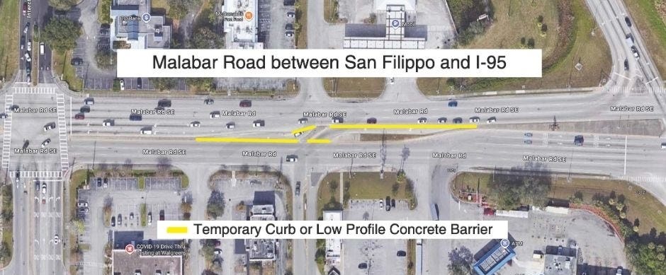 Aerial map highlighting proposed temporary left-turn closures on Malabar Road between San Filippo and I-95, with meeting details overlayed. Aerial map highlighting proposed temporary left-turn closures on Malabar Road between San Filippo and I-95, with meeting details overlayed.