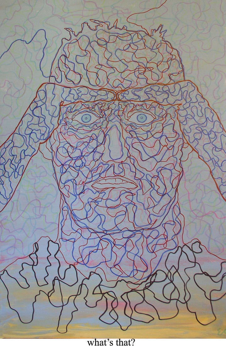 four portraits made of squiggly lines of magic marker, all faces with blue eyes staring out at viewer