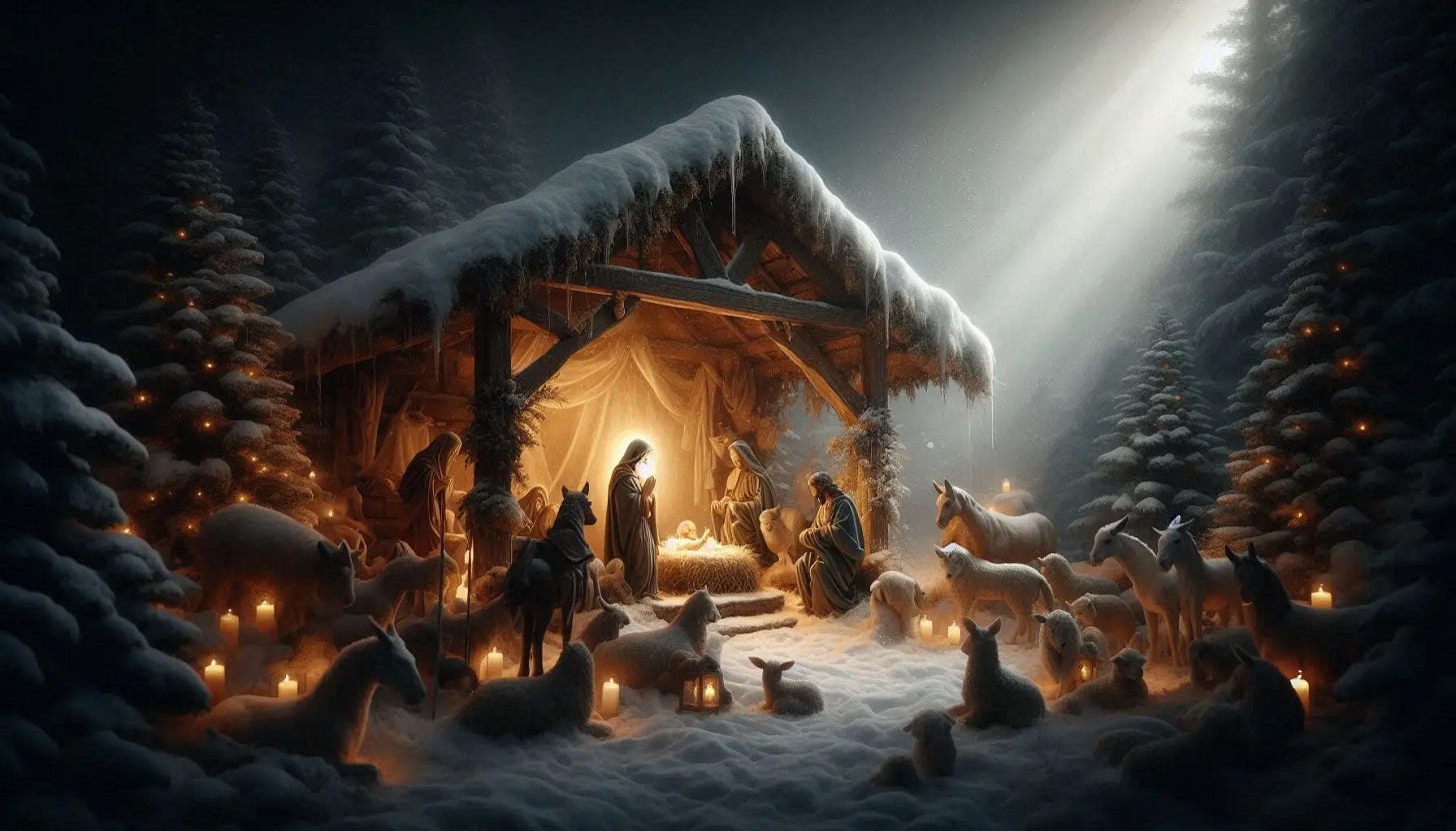 A beautiful winter Nativity scene painted in old master chiarascuro style.