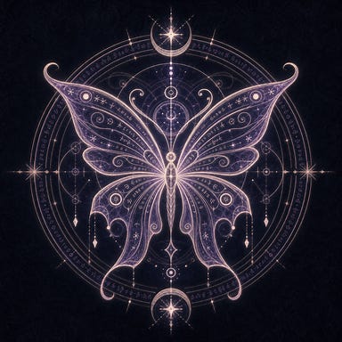 butterfly symbol of the Dreamer, mystical sigil design, delicate wings shaped like an arcane glyph, soft luminous lines, ancient dream‑cult aesthetic