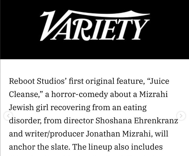 Excerpt of Variety article about the feature film Juice Cleanse produced by Reboot Studios