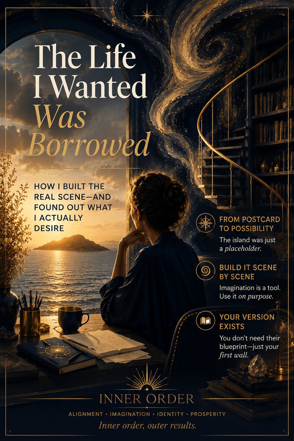 A woman sits at a writing desk in a mystical navy and gold library overlooking a glowing island at sunset. A spiral staircase, bookshelves and swirling golden light surround her, with editorial text about recognizing borrowed dreams, discovering what you actually want and building your own vision through imagination.