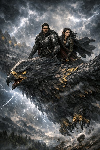Great roc Turul soaring through a storm with brooding knight Fleetwood and dark-haired elven ranger Silverleaf standing on his back, using their established visual palettes