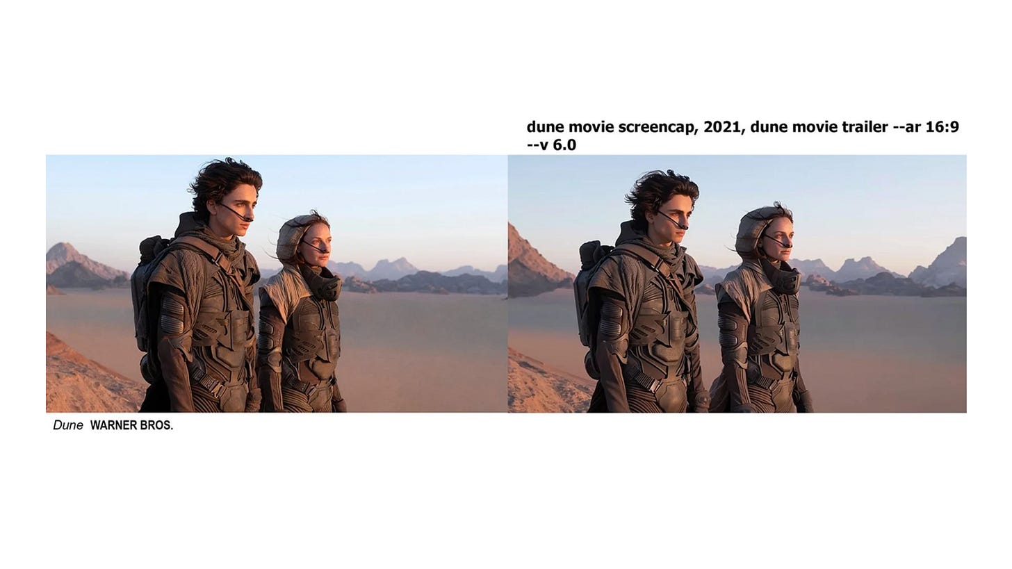 A side-by-side comparison showing the similarities between a Dune screencap and a MidJourney AI output. A side-by-side comparison showing the similarities between a Dune screencap and a MidJourney AI output.