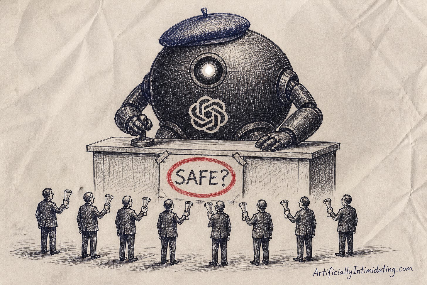 A giant round black robot in a beret with the OpenAI flower mark on its chest stamps papers behind a counter marked with a sign reading SAFE? circled in red, while eight small officials in suits each hold up a rolled summons.