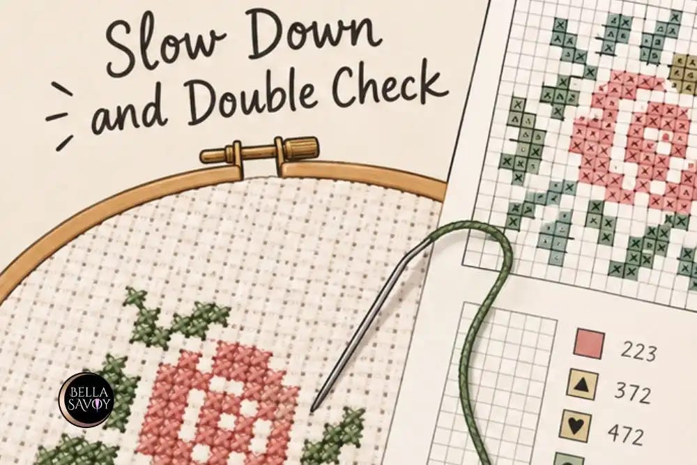 Close-up of a cross stitch project beside its chart, showing stitched flowers, embroidery thread, and pattern symbols to illustrate carefully counting and checking stitches.