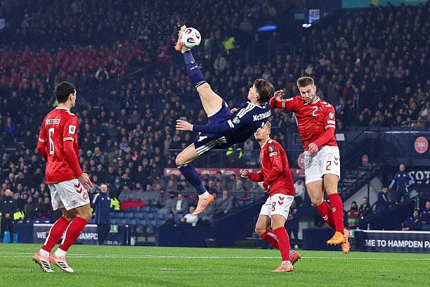 Scott McTominay of Scotland scores a goal to make it 1-0 during the FIFA World Cup 2026 qualifier match between Scotland and Denmark at Hampden Park... Scott McTominay of Scotland scores a goal to make it 1-0 during the FIFA World Cup 2026 qualifier match between Scotland and Denmark at Hampden Park...
