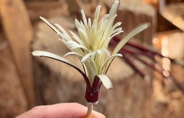 Close up of fingers holding a flower carved from wood