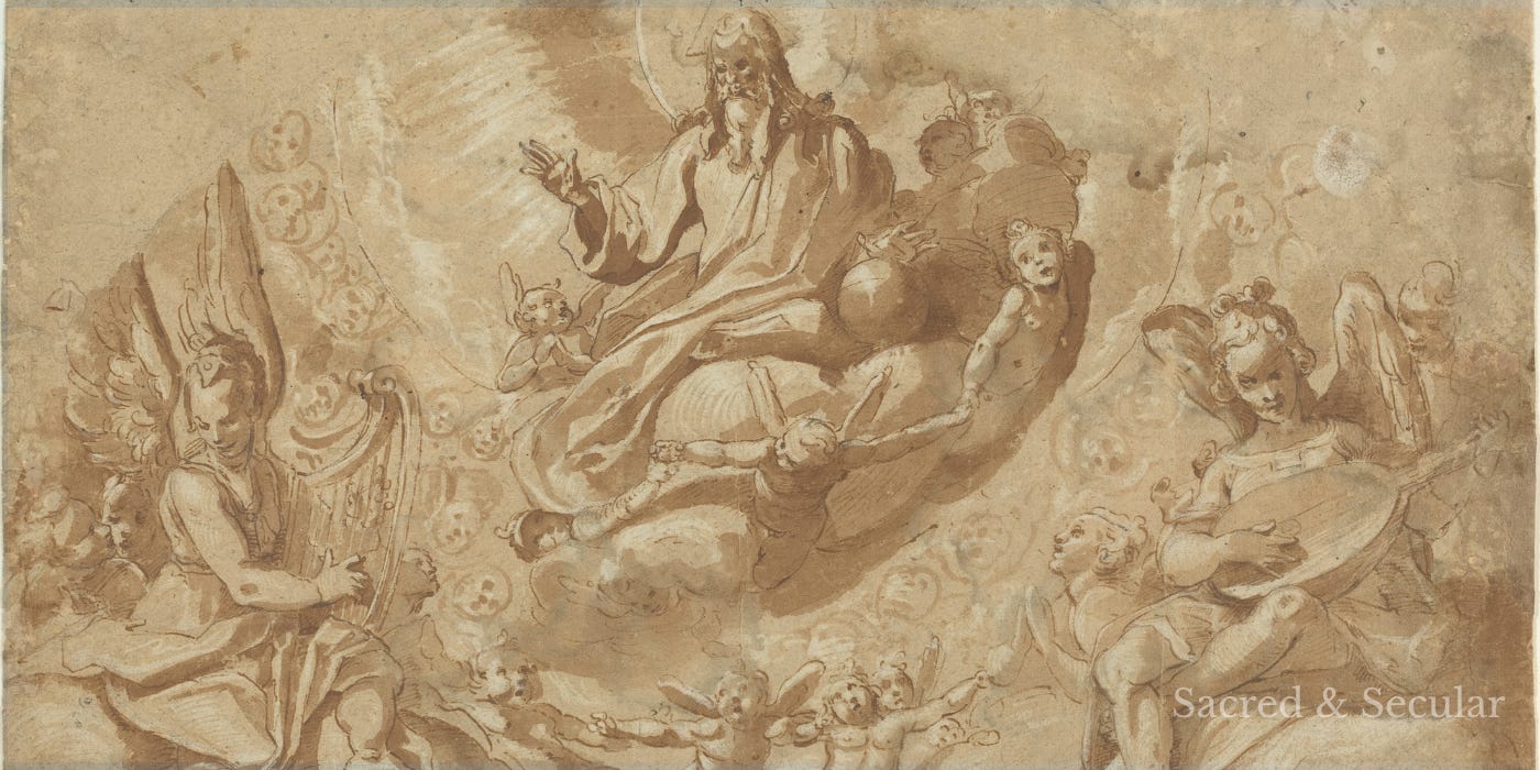 A Renaissance drawing showing God the Father seated high among billowing clouds, surrounded by angels. God is depicted as an elderly, bearded figure, while several angels gather around him, including figures playing musical instruments. The scene reflects the traditional Western Christian imagery of heaven that has influenced popular imagination for centuries.