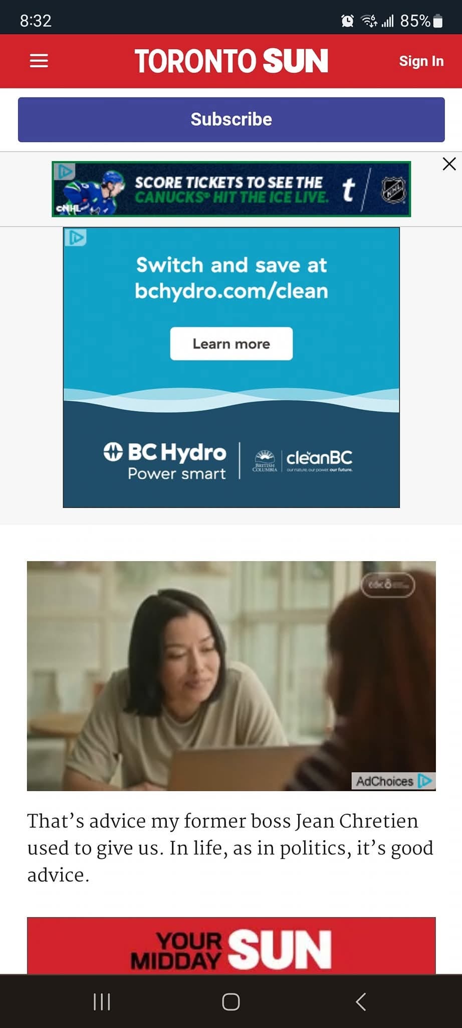 A screenshot of the Toronto Sun on mobile where 90% of the screen is covered with ads