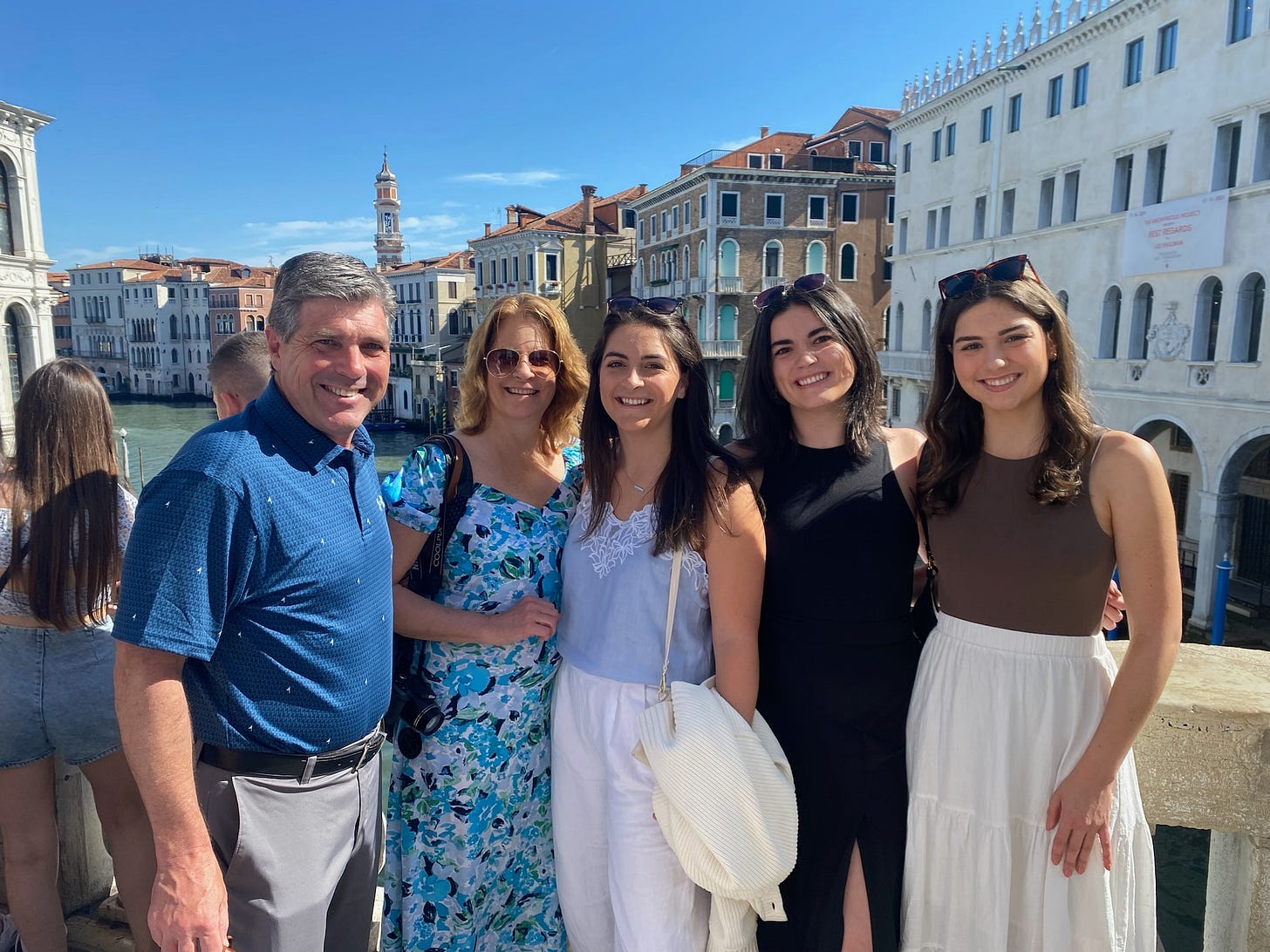 Two parents and three 20-something daughters posed on the Rialto Bridge with Venice's Grand Canal in the background Two parents and three 20-something daughters posed on the Rialto Bridge with Venice's Grand Canal in the background