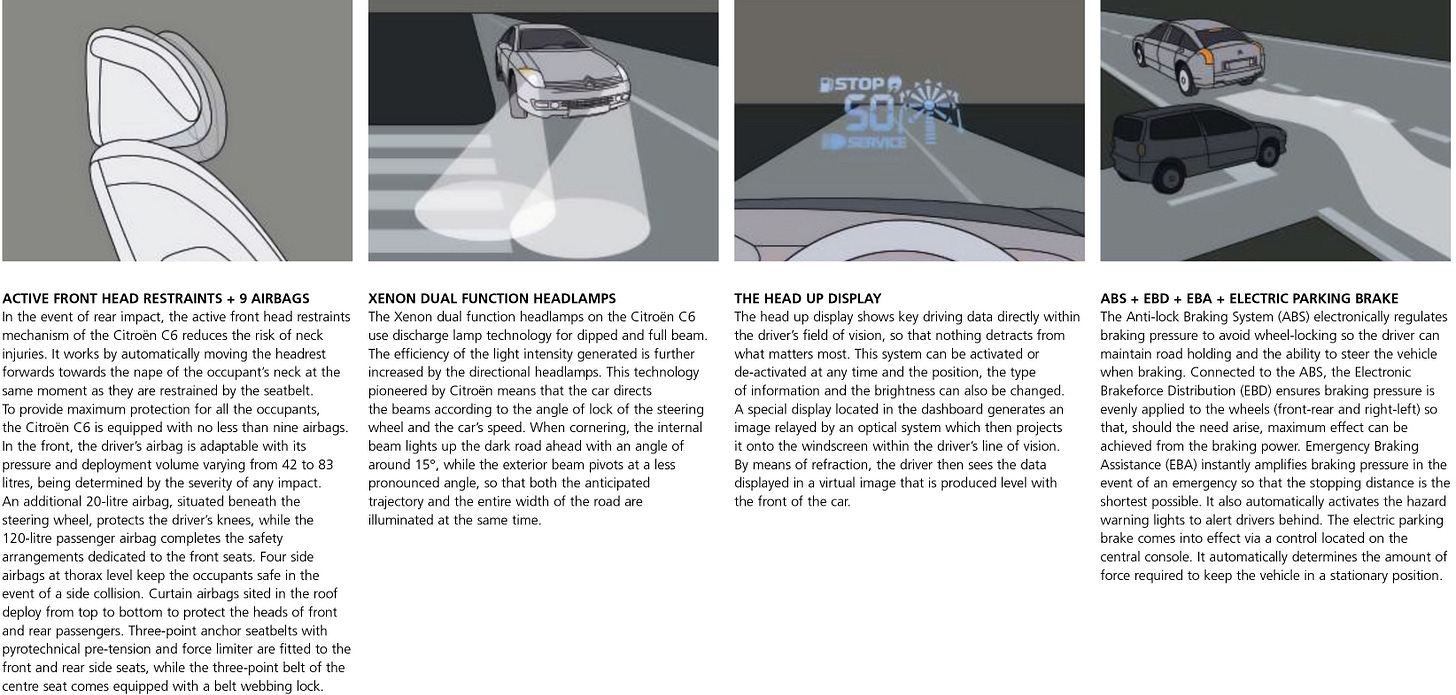 Citroën C6 2006 brochure technical xenon active front headrests head up display Citroën C6 2006 brochure technical xenon active front headrests head up display